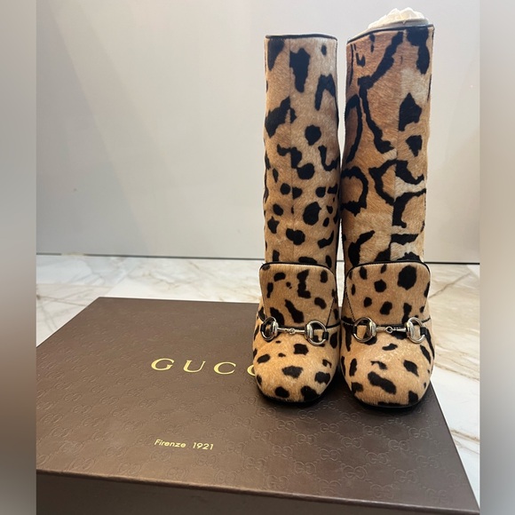 AUTH GUCCI Horsebit Pony Hair Leopard Animal Print  Ankle Boots - Tan/Black 38 - Picture 6 of 9